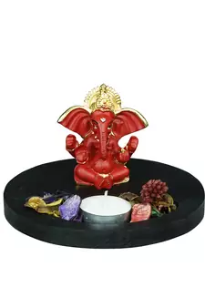 Gold Plated Red Siddhivinayaka Ganesha DECORative Showpiece with Wooden Base  Fragranced Petals and Tealight