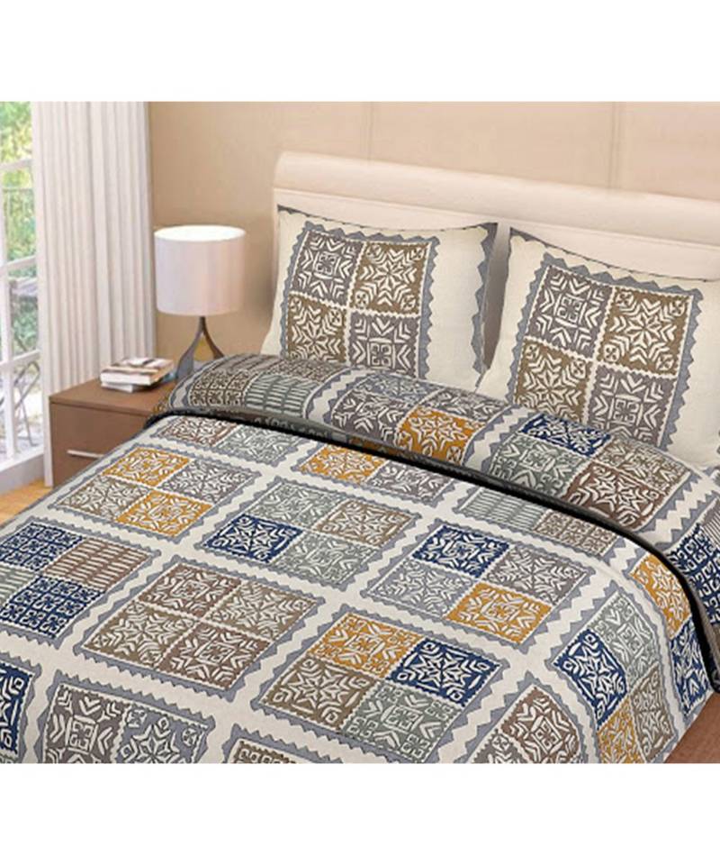 multicolor cotton abstract print bedsheet with pillow covers