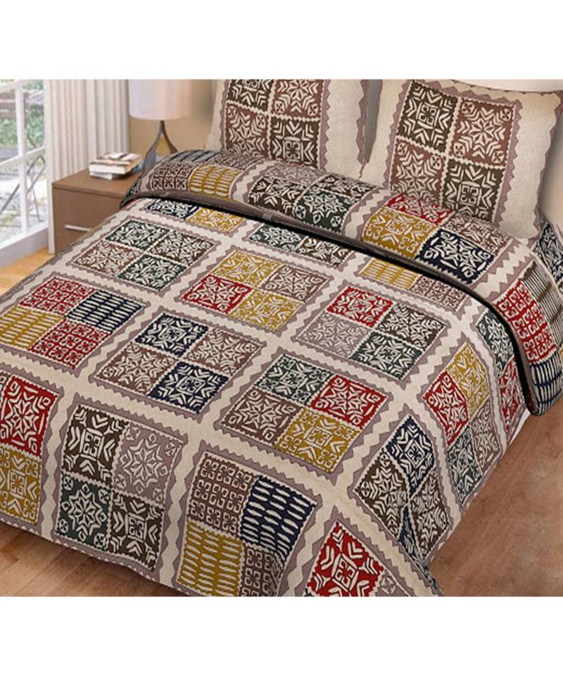 multicolor cotton abstract print bedsheet with pillow covers