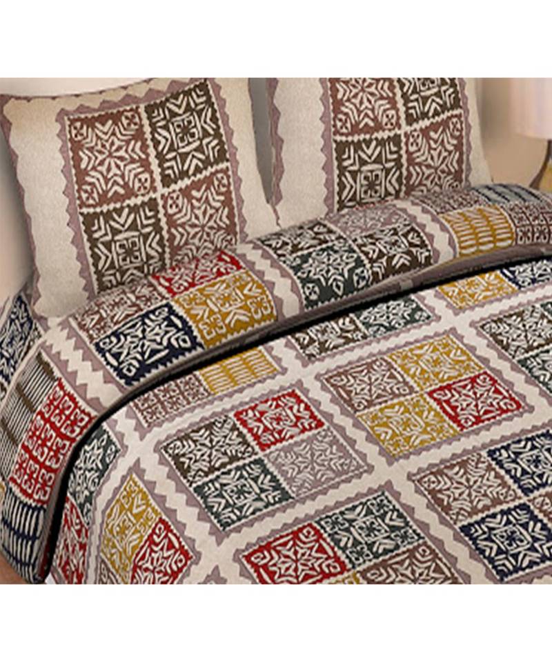 multicolor cotton abstract print bedsheet with pillow covers