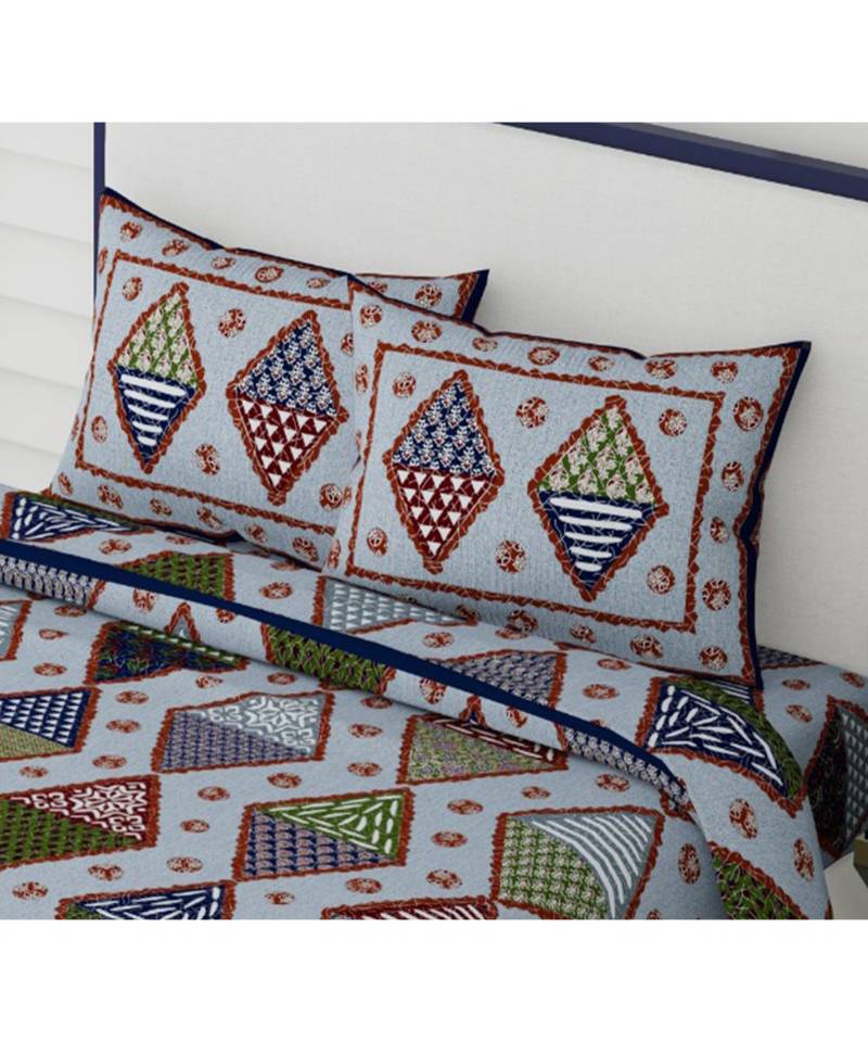 multicolor cotton abstract print bedsheet with pillow covers