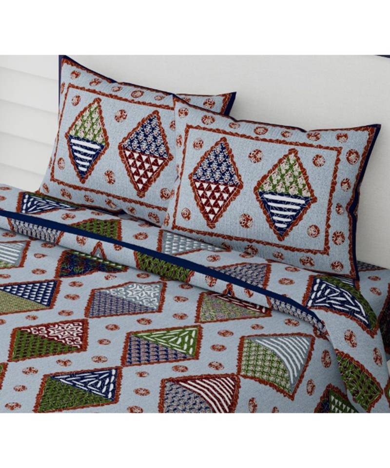 multicolor cotton abstract print bedsheet with pillow covers