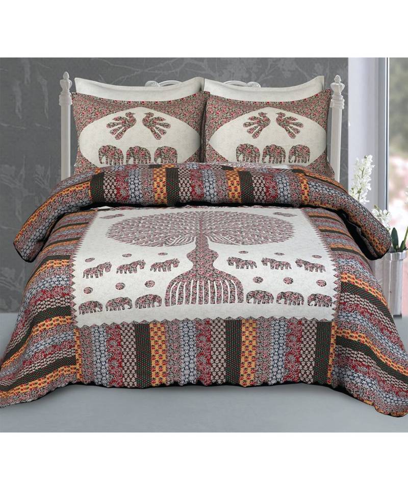 multicolor cotton abstract print bedsheet with pillow covers