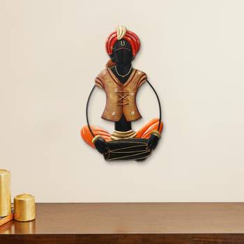 eCraftIndia Musician Tribal playing Dholak Handcrafted Iron Wall Hanging 1