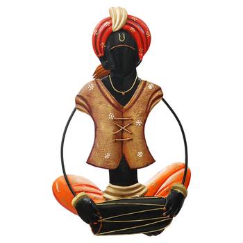 eCraftIndia Musician Tribal playing Dholak Handcrafted Iron Wall Hanging 2