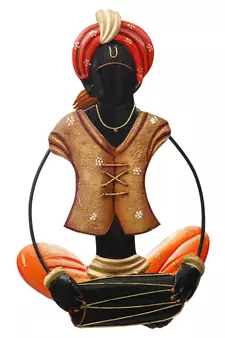 eCraftIndia Musician Tribal playing Dholak Handcrafted Iron Wall Hanging