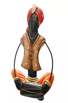 eCraftIndia Musician Tribal playing Dholak Handcrafted Iron Wall Hanging