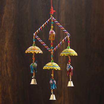 eCraftIndia Handcrafted DECORative Elephant with Chatri Wall Door Window Hanging Bells 1