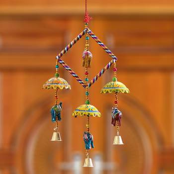 eCraftIndia Handcrafted DECORative Elephant with Chatri Wall Door Window Hanging Bells 2