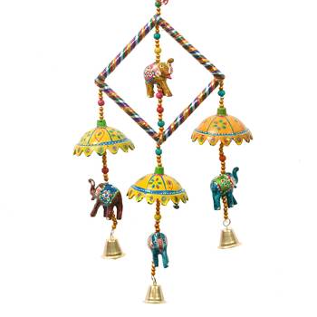 eCraftIndia Handcrafted DECORative Elephant with Chatri Wall Door Window Hanging Bells 6