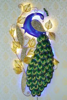eCraftIndia DECORative Colorful Peocock Handcrafted Iron Wall Hanging with background LED's