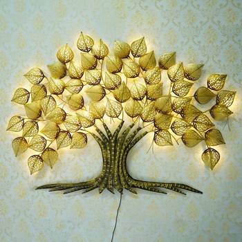 eCraftIndia Golden Leaves Tree Handcrafted Iron Wall Hanging with background LED's 1