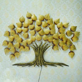 eCraftIndia Golden Leaves Tree Handcrafted Iron Wall Hanging with background LED's 2