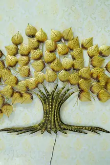 eCraftIndia Golden Leaves Tree Handcrafted Iron Wall Hanging with background LED's