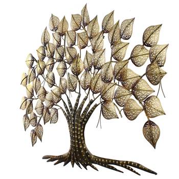 eCraftIndia Golden Leaves Tree Handcrafted Iron Wall Hanging with background LED's 7