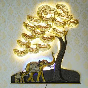 eCraftIndia Elephant Family Under Golden Leaves Tree Handcrafted Iron Wall Hanging with background LED's 1