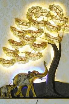 eCraftIndia Elephant Family Under Golden Leaves Tree Handcrafted Iron Wall Hanging with background LED's