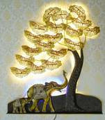 eCraftIndia Elephant Family Under Golden Leaves Tree Handcrafted Iron Wall Hanging with background LED's