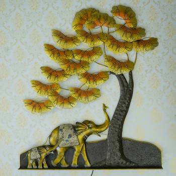 eCraftIndia Elephant Family Under Golden Leaves Tree Handcrafted Iron Wall Hanging with background LED's 2