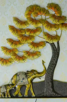 eCraftIndia Elephant Family Under Golden Leaves Tree Handcrafted Iron Wall Hanging with background LED's