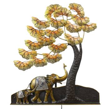 eCraftIndia Elephant Family Under Golden Leaves Tree Handcrafted Iron Wall Hanging with background LED's 4
