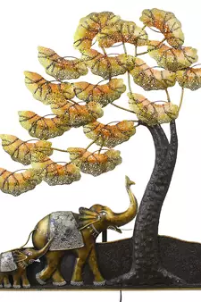 eCraftIndia Elephant Family Under Golden Leaves Tree Handcrafted Iron Wall Hanging with background LED's
