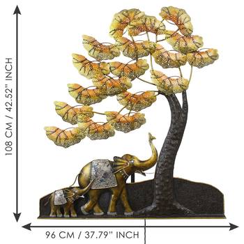 eCraftIndia Elephant Family Under Golden Leaves Tree Handcrafted Iron Wall Hanging with background LED's 5