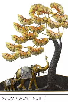 eCraftIndia Elephant Family Under Golden Leaves Tree Handcrafted Iron Wall Hanging with background LED's