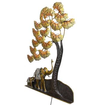 eCraftIndia Elephant Family Under Golden Leaves Tree Handcrafted Iron Wall Hanging with background LED's 6