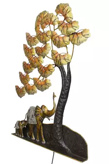 eCraftIndia Elephant Family Under Golden Leaves Tree Handcrafted Iron Wall Hanging with background LED's