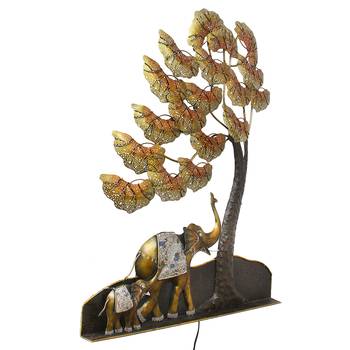 eCraftIndia Elephant Family Under Golden Leaves Tree Handcrafted Iron Wall Hanging with background LED's 7
