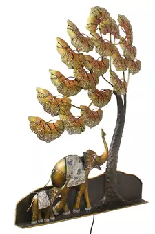 eCraftIndia Elephant Family Under Golden Leaves Tree Handcrafted Iron Wall Hanging with background LED's