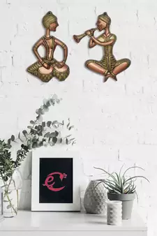 eCraftIndia Set of 2 Musicians Brown and Golden Color Metal Wall Hanging
