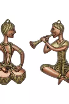 eCraftIndia Set of 2 Musicians Brown and Golden Color Metal Wall Hanging