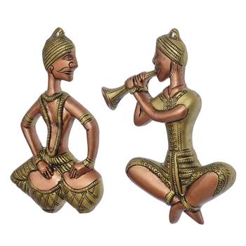 eCraftIndia Set of 2 Musicians Brown and Golden Color Metal Wall Hanging 7