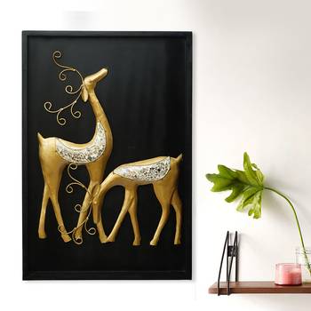 eCraftIndia Golden Deer with Wooden Frame Handcrafted Wall Hanging 1
