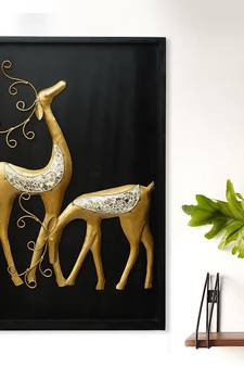eCraftIndia Golden Deer with Wooden Frame Handcrafted Wall Hanging