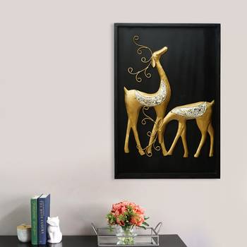eCraftIndia Golden Deer with Wooden Frame Handcrafted Wall Hanging 2