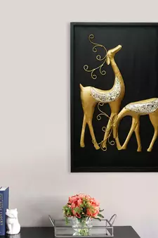 eCraftIndia Golden Deer with Wooden Frame Handcrafted Wall Hanging