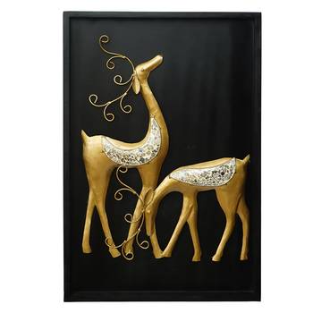 eCraftIndia Golden Deer with Wooden Frame Handcrafted Wall Hanging 4