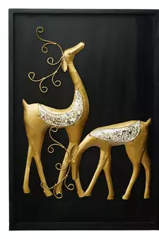 eCraftIndia Golden Deer with Wooden Frame Handcrafted Wall Hanging