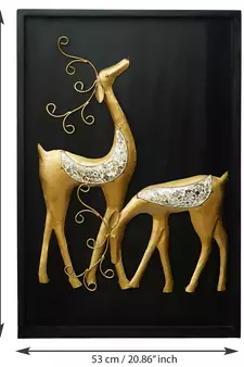 eCraftIndia Golden Deer with Wooden Frame Handcrafted Wall Hanging