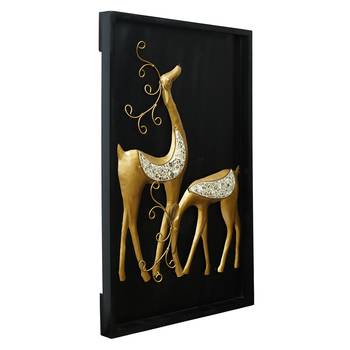 eCraftIndia Golden Deer with Wooden Frame Handcrafted Wall Hanging 6