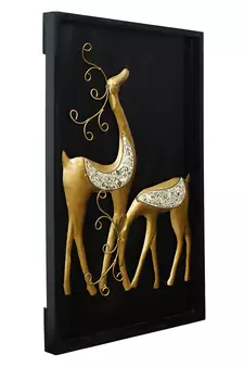 eCraftIndia Golden Deer with Wooden Frame Handcrafted Wall Hanging