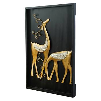 eCraftIndia Golden Deer with Wooden Frame Handcrafted Wall Hanging 7