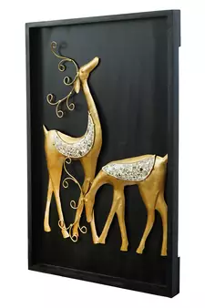 eCraftIndia Golden Deer with Wooden Frame Handcrafted Wall Hanging