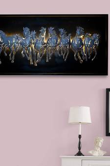 eCraftIndia Silver 7 Running Horses empanalled in Wooden Frame Handcrafted Wall Hanging with Background LED's