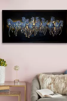 eCraftIndia Silver 7 Running Horses empanalled in Wooden Frame Handcrafted Wall Hanging with Background LED's