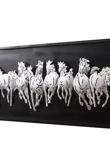 eCraftIndia Silver 7 Running Horses empanalled in Wooden Frame Handcrafted Wall Hanging with Background LED's