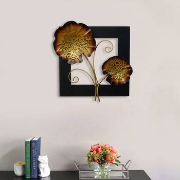 eCraftIndia Golden Iron Leaves with Wooden Frame Handcrafted Wall Hanging 1